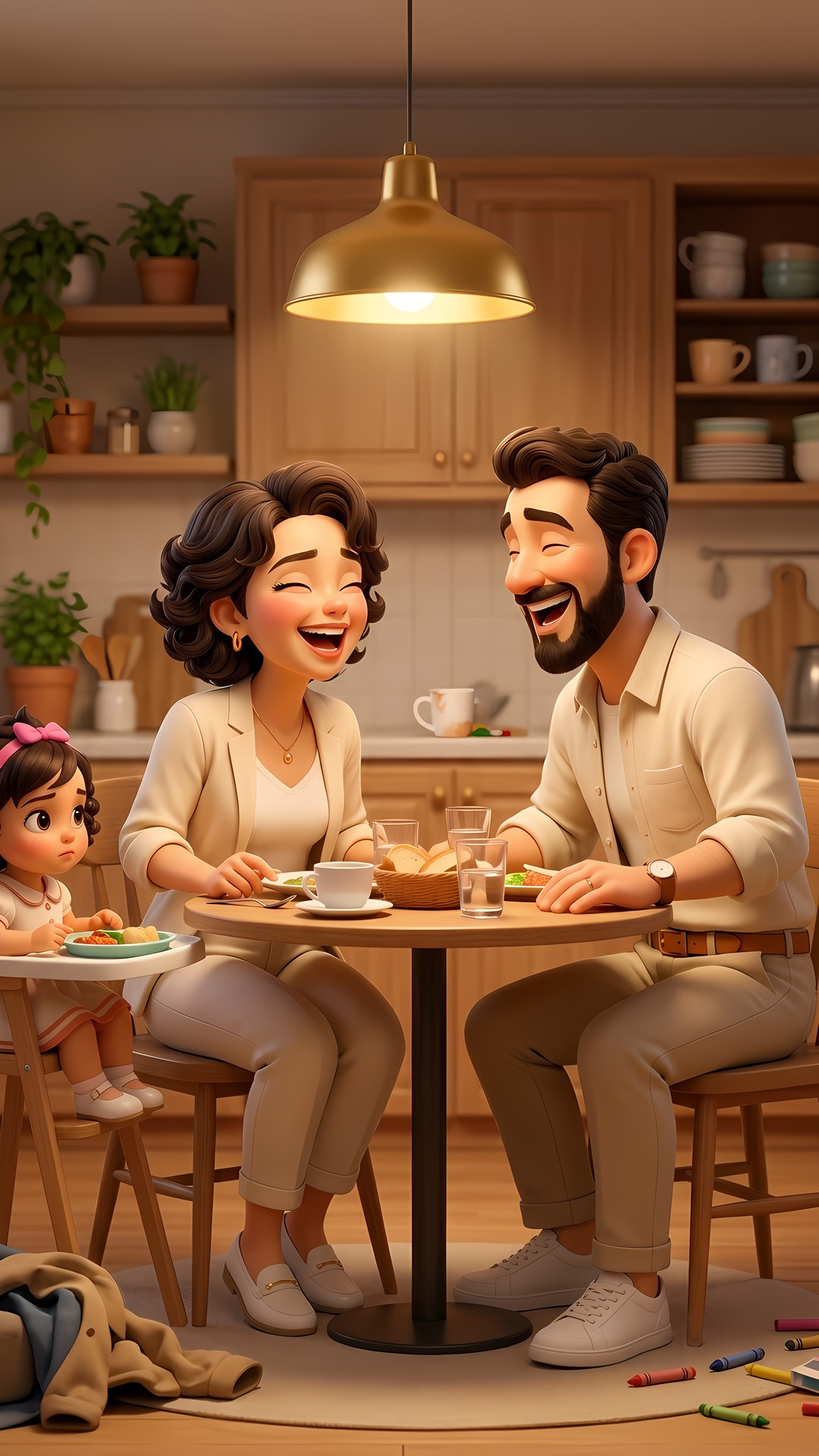 Mia's family laughing together at the kitchen table